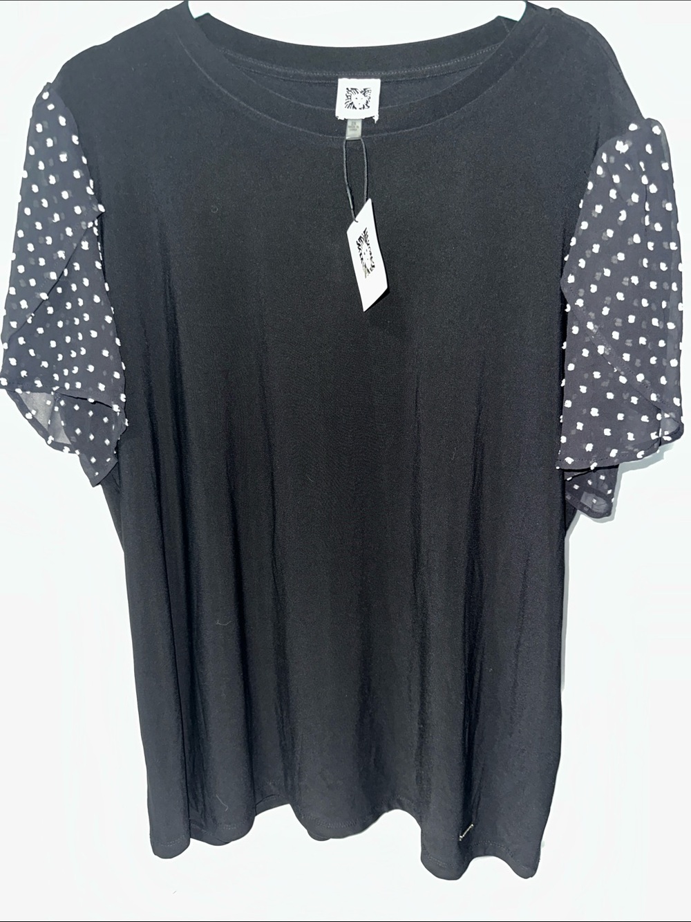 Anne Klein Black Tee with Sheer Polka-Dot Puff Sleeves
